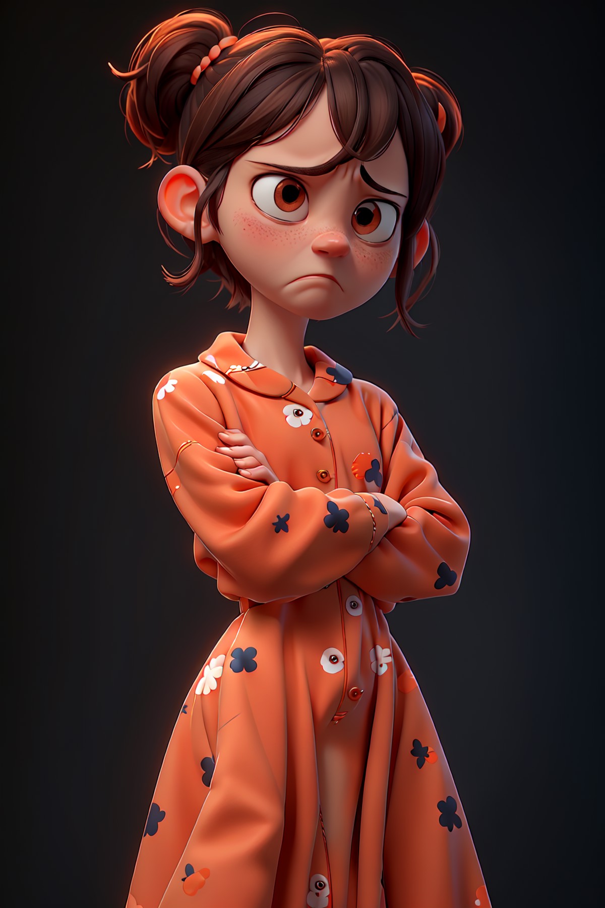 masterpiece, best quality,a sad little girl wearing orange pajamas, sad mouth, her arms crossed, black background